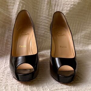 Christian Louboutin Glossy Black Peep Toe Heels  Very Gently Used